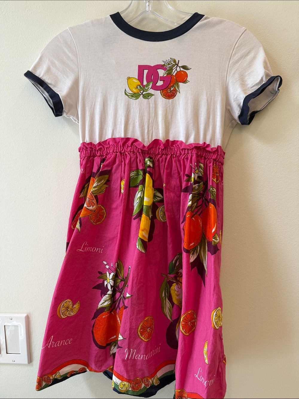 Dolce & Gabbana White and Pink Fruit-Print Ruffle Waist Dress